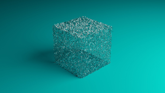 3D illustration of a cracked glass cube exploding in many small pieces