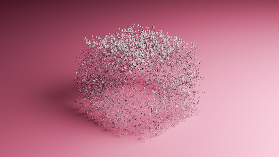 3D illustration of a cracked glass cube exploding in many small pieces
