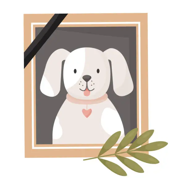 Vector illustration of Photograph of dead dog. Vector illustration. Mourning frame with lovely pet of puppy ghost .