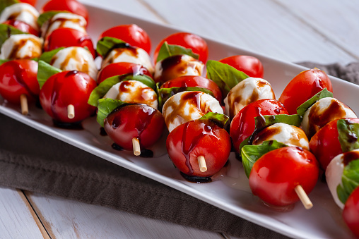 Caprese Salad Kabob with Tomato, Basil, Balsamic Vinegar and Mozzarella