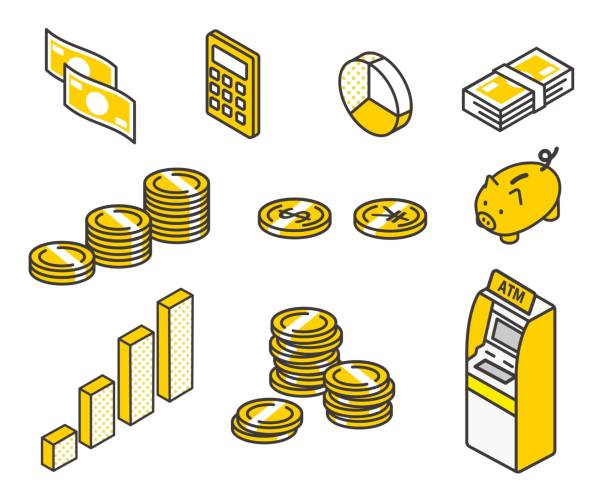 wektorowa ilustracja ikon izometrycznych związanych z pieniędzmi i inwestycjami / pieniądze / fundusz - gimnastyka izometryczna obrazy stock illustrations