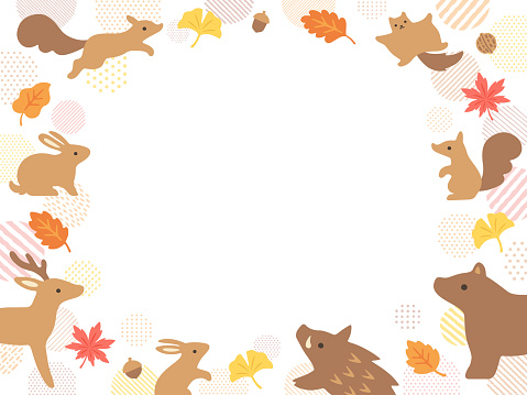 Hand drawn style frame illustration of  forest animals, autumn leaves, circles with dot and stripe patterns