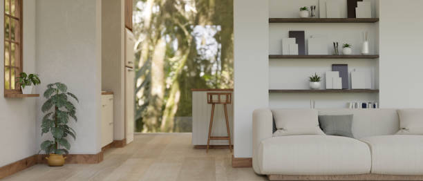 istock Interior design a modern, minimalist living room with a kitchen in the back. 1719744960
