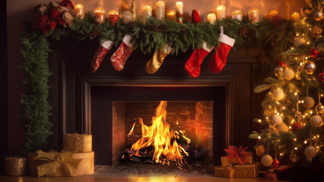 In this inviting Christmas scene, a warm and cozy holiday atmosphere envelops the room. Dominating the setting is a grand, majestic fireplace, exuding timeless elegance and charm.