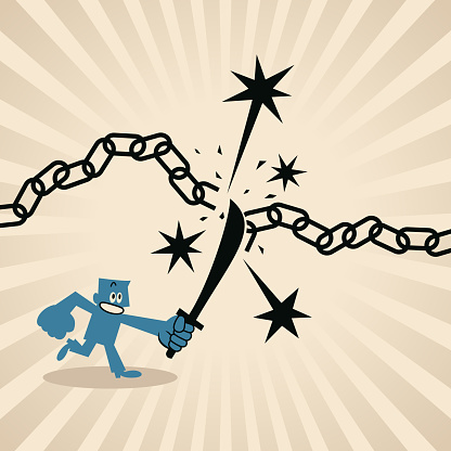 Blue Cartoon Characters Design Vector Art Illustration.
A man shatters an iron metal chain with a knife or sword,  the concept of Breakthrough, Revolution, Conquering Adversity, Breaking Barriers, Unchained Resolve, Cutting Through Limitations, and Freedom's Blade.