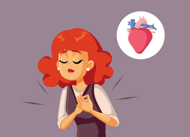 женщина с учащенным сердцебиением, страдающая от сердечных заболеваний, векторная иллюстрация - pain heart attack heart shape healthcare and medicine stock illustrations