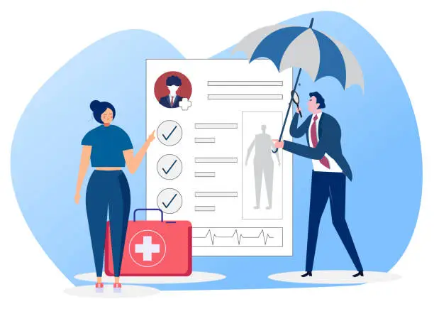 Vector illustration of Medical insurance. Concept of health insurance and life insurance. Protection of health and life of people with document of insurance. Healthcare and medical service. Vector illustration in flat