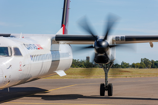 FAIRFORD / UNITED KINGDOM - JULY 11, 2018: Martin-Baker Gloster Meteor G-JWMA aircraft arrival and taxiing for RIAT Royal International Air Tattoo 2018 airshow