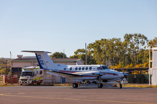 Mount Isa, Queensland - 27 July 2021: Australian Royal Flying Doctor Service aircraft Beechcraft Super King Air 200 on the tarmac at Mount Isa airport in outback Queensland