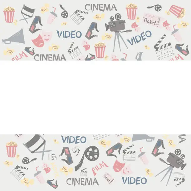 Vector illustration of Cartoon cute doodles cinema frame design with space for text. Colorful detailed, with lots of objects background. Funny vector illustration. Border with movie theme items