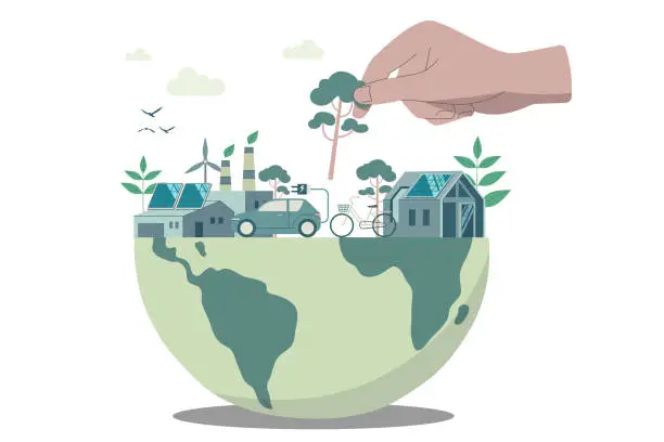 Vector illustration of Eco friendly sustainable, Hands that help make the world a better place, climate change problem concepts. Vector design illustration.