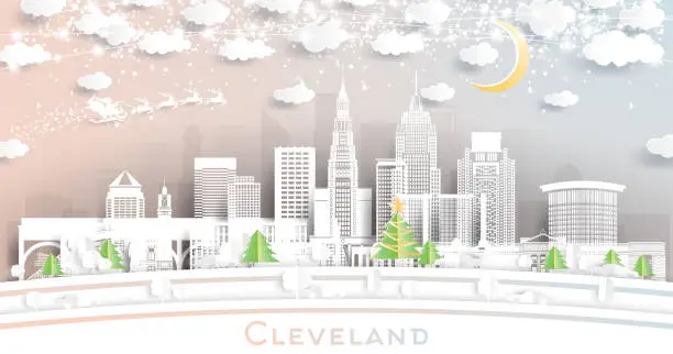 Vector illustration of Cleveland Ohio USA. Winter City Skyline in Paper Cut Style with Snowflakes, Moon and Neon Garland. Christmas and New Year Concept. Cleveland Cityscape with Landmarks.