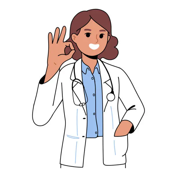 Vector illustration of female doctor gives an ok or yes gesture with her fingers