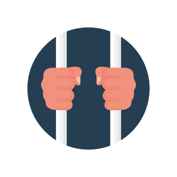 ilustrações de stock, clip art, desenhos animados e ícones de hands holding prison bars, cartoon icon. criminal man behind bars. - prison cell