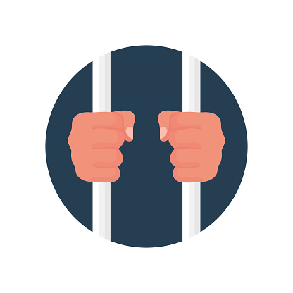 Hands holding prison bars, cartoon icon. Criminal man behind bars. Hands in handcuffs. Human in jail. Prisoner concept. Vector illustration flat design. Arrest of person. Isolated on white background.