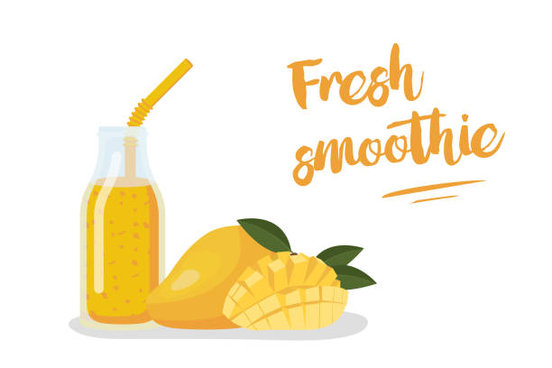 Mango juice in a glass bottle with straws. Mango fresh. Cocktail smoothie. Mango juice in a glass bottle with straws. Mango fresh. Cocktail smoothie. Template for menu or banner for healthy eating. Fresh energetic drink for a healthy life. Vector flat design. mango jam stock illustrations