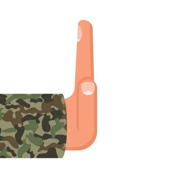 Vector illustration of Military in camouflage form shows the stop sign. Gesture with hand Stop.