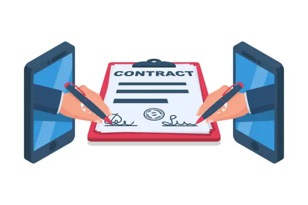 Vector illustration of Online contract signing. Two businessmen sign a contract. Deal agreement.