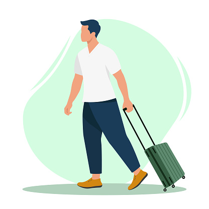 Man with a travel suitcase at the airport. Vacation. Flat vector illustration
