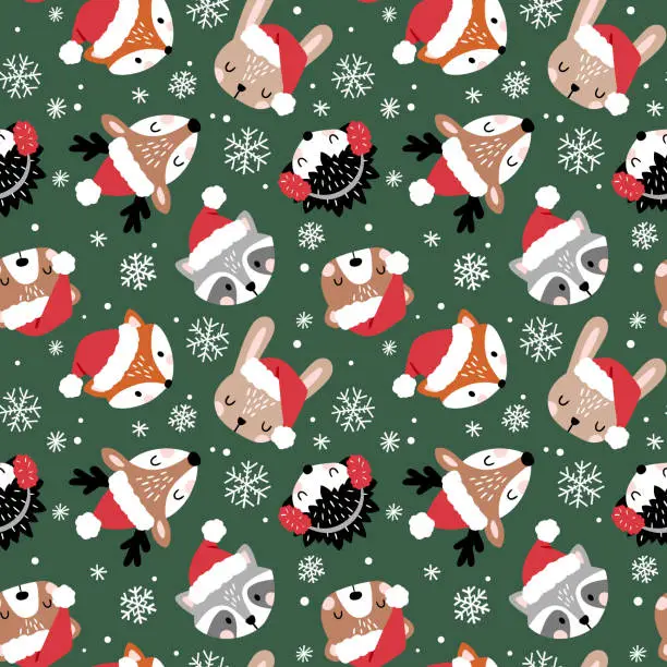 Vector illustration of Seamless vector pattern with cute Christmas woodland animal faces and snowflakes. Snowy winter woodland with animals. Hand drawn illustration artwork. Perfect for textile, wallpaper or print design.