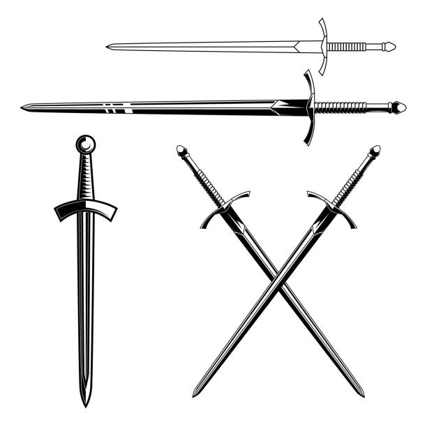 istock Set of illustrations of knights swords. Design element for emblems, sign, banner. Vector illustration 1719965094