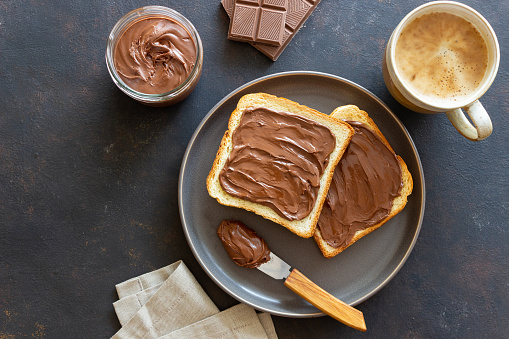 Sandwich with chocolate paste . Breakfast. Vegetarian food