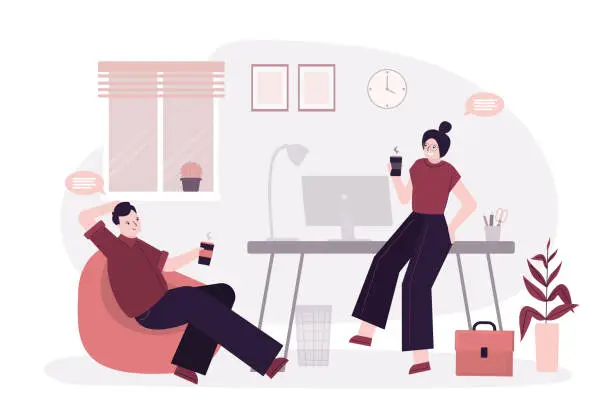 Vector illustration of Group of people talking. Colleagues, office workers or friends drinking coffee at office room. Interior with furniture. Coffee break. Timeout, time management. Teamwork concept.