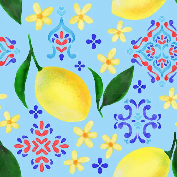 Vector illustration of Watercolor Hand Painted Lemons and Damask  Mediterranean Tiles Seamless Pattern. Spring, Summer Concept Background. Design Element for Bridal Shower and Wedding Invitation and Greeting Cards.