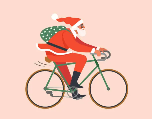 Vector illustration of The young man or Santa Claus rides a bicycle in red hat and carries gifts. Isolated vector illustration in cartoon design.