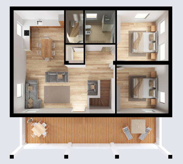 istock Apartment flat top view, furniture and decors, plan, cross section interior design, architect designer concept idea, light gray background 1720026420