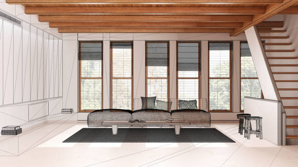 istock Empty white interior with resin floor, wooden beams ceiling, custom architecture design project, black ink sketch, blueprint showing living room with sofa and staircase 1720026484