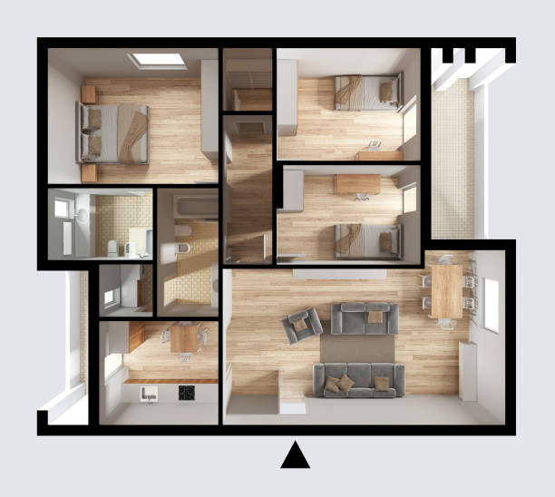 istock Apartment flat top view, furniture and decors, plan, cross section interior design, architect designer concept idea, white background 1720026940