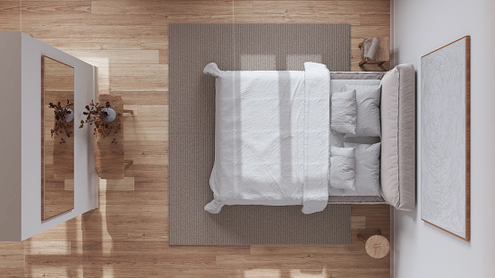 Scandinavian nordic wooden bedroom in white and beige tones. Double bed, carpet and decors. Parquet floor. Top view, plan, above. Minimal interior design