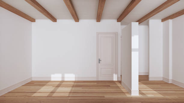 istock Wooden empty room interior design, open space with parquet floor, beams ceiling and white walls, modern contemporary architecture concept idea 1720027016