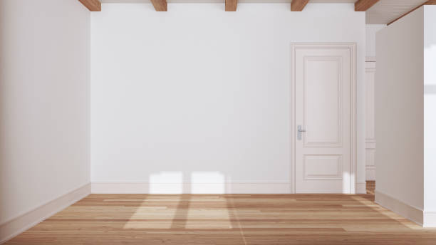 istock Wooden empty room interior design, open space with parquet floor, beams ceiling and white walls, modern contemporary architecture concept idea 1720027017