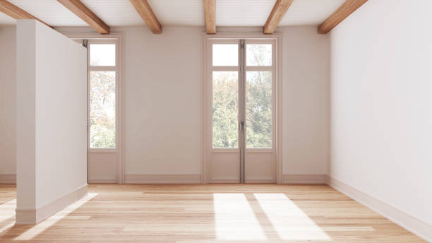 istock Wooden empty room interior design, open space with parquet floor, beams ceiling and white walls, modern contemporary architecture concept idea 1720027549