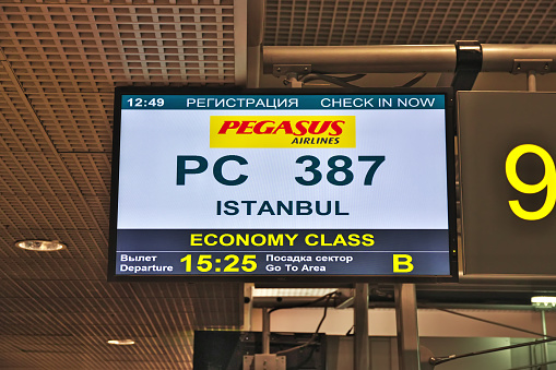 Moscow / Russia - 05 Mar 2020: The info of Pegasus airlines in Domodedovo Airport in Moscow, Russia