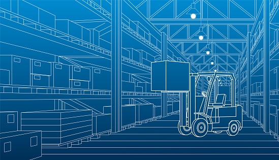 Forklift and warehouse. Automatic stock storage, modern distribution building, ecommerce warehouse, digital logistics, smart package hardware, AI delivery system, innovation in cargo