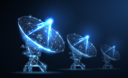 Parabolic antenna. Abstract 3d satellite antenna. Radio telecommunication, astronomical telescope, military radar, universe research observatory, data transmit, satellite signal receiver concept