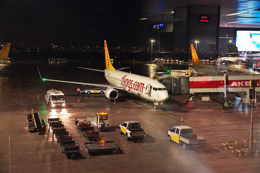 Istanbul / Turkey - 05 Mar 2020: Airplane of Pegasus airlines in Sabihagokcen airport in Istanbul, Turkey
