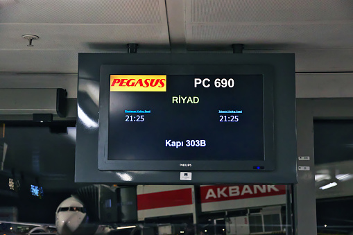 Istanbul / Turkey - 05 Mar 2020: The info of Pegasus airlines in Sabihagokcen airport in Istanbul, Turkey