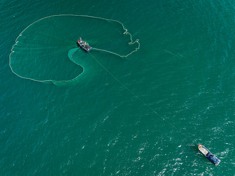 Drone view of fishing boat is netting  anchovies on the sea in sunrise, Phu Yen province, central Vietnam