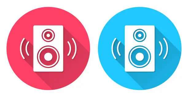 Vector illustration of Speaker. Round icon with long shadow on red or blue background