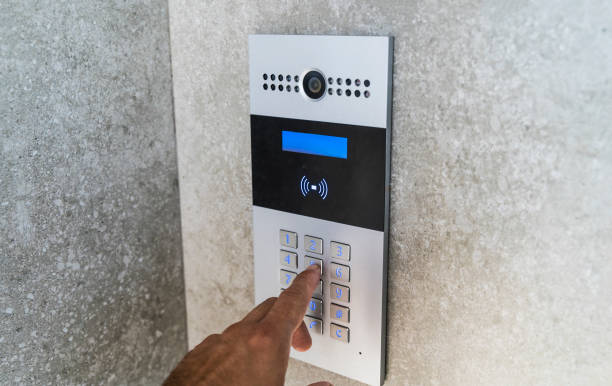 istock Intercom on door house. Electronic key and video call for entry. 1720068752