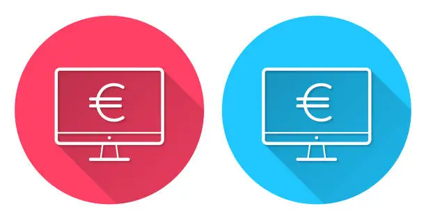 Vector illustration of Desktop computer with Euro sign. Round icon with long shadow on red or blue background