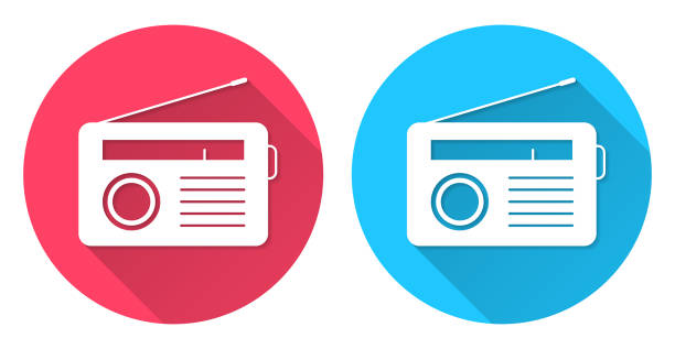 Radio. Round icon with long shadow on red or blue background Icons of "Radio" with long shadow style on colored circle buttons. Two icon versions included in the bundle: - One white icon on a pink / red circle button. - One white icon on a blue circle button. Vector Illustration (EPS file, well layered and grouped). Easy to edit, manipulate, resize or colorize. Vector and Jpeg file of different sizes. retro transistor radio clip art stock illustrations