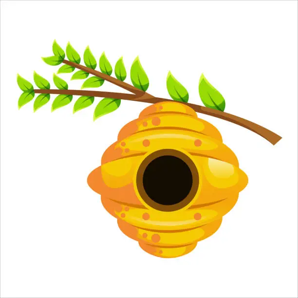 Vector illustration of Bee hive with twig illustration design cartoon style