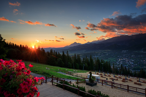 Landscape of the Tatra Mountains at sunrise from the top of Gubalowka peak in Zakopane. Poland.