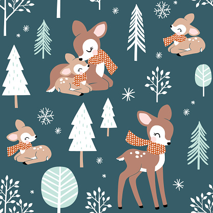 Seamless vector pattern with cute deer family with pine trees and snowflakes. Snowy winter woodland with animals. Hand drawn illustration artwork. Perfect for textile, wallpaper or print design.