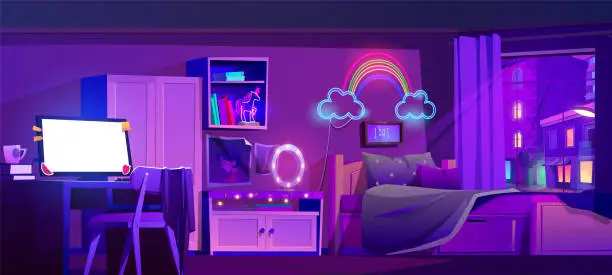 Vector illustration of Teen girls bedroom at night